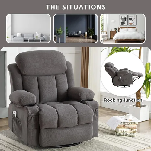Miniatura 7 de Silla giratoria reclinable de masaje reclinable con carga USB y control remoto de carga lumbar de 8 puntos, modos de vibración de 350 libras