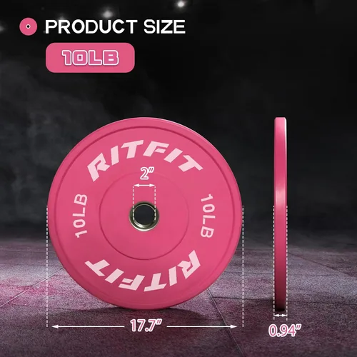 Miniatura 2 de RITFIT Placas de peso rosas, placa de pesas olímpicas de 2 pulgadas, placas de parachoques con inserto de acero, pesas rosas para gimnasio y hogar