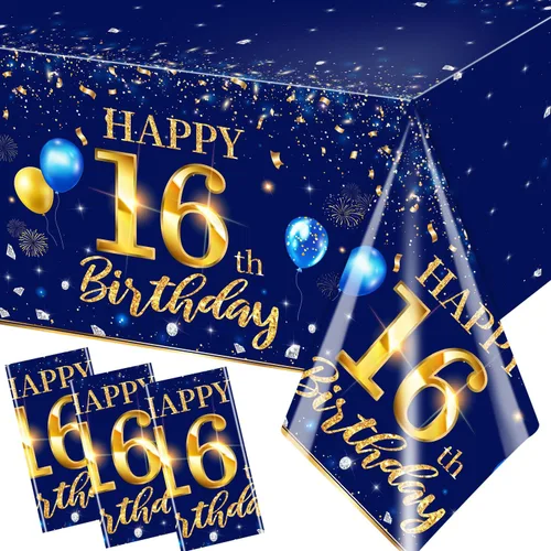 GREHUMOR Decoraciones de cumpleaños número 16 para hombre, 3 piezas, color azul marino, fundas rectangulares de plástico impermeables de plástico