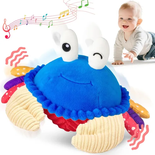 Juguetes para bebés de 12 a 18 meses, juguete de peluche musical de cangrejo que gatea - 40 canciones y función de grabación, juguete de tiempo de