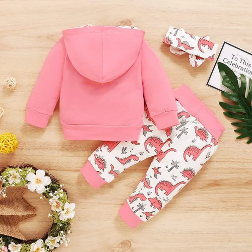 Miniatura 3 de Conjunto de ropa para bebé niña de 3 piezas, manga larga, sudadera con capucha, camisa, pantalones de dinosaurio, diadema
