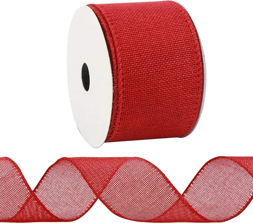 Miniatura 8 de HUIHUANG Cinta de arpillera roja con alambre de Navidad, cinta sólida con borde de alambre, cinta de yute de 2.5 pulgadas para coronas, lazos Rojo