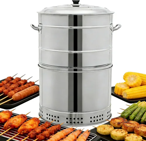 Miniatura 3 de DYRABREST Parrilla de carbón de acero inoxidable grande portátil con barril, parrilla de barbacoa con pinchos, diseño de separación de aceite