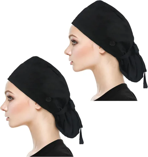 Miniatura 25 de QBA Gorra de trabajo ajustable con botón, gorro forrado de satén, gorro de trabajo de algodón, banda elástica para atar en la espalda, unisex
