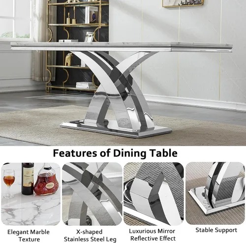 Miniatura 5 de Juego de mesa de comedor de mármol sintético blanco plateado de 68 pulgadas para 4, juego de mesa rectangular de 5 piezas con patas de acero Mesa