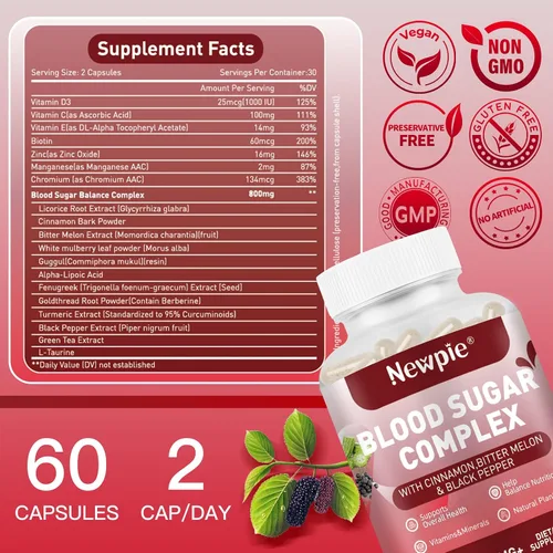 Miniatura 4 de Suplemento complejo de azúcar en la sangre, natural con 20 hierbas activas y vitaminas, incluyendo canela, melón amargo, pimienta negra, regaliz