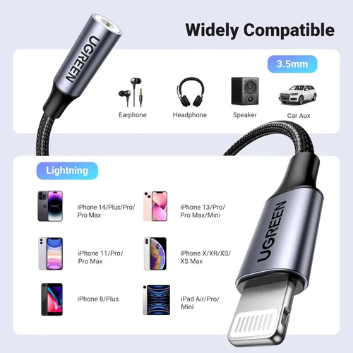 Miniatura 5 de Adaptador de auriculares UGREEN para iPhone, conector Lightning a 3.5mm, certificado Apple MFi, conector de audio auxiliar Lightning, dongle Gris