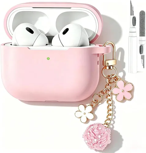 Miniatura 9 de Bonita funda negra para Airpods de 2ª/1ª generación para niñas y mujeres, con llavero de pompón de flores y kit de limpieza, funda protectora tipo