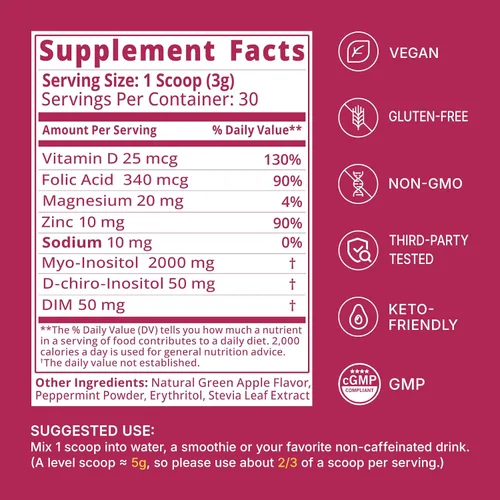 Miniatura 4 de Myo & D-Chiro - Polvo de inositol en polvo 40:1 para equilibrio hormonal de las mujeres y apoyo ovárico, con folato, DIM, zinc, glicinato