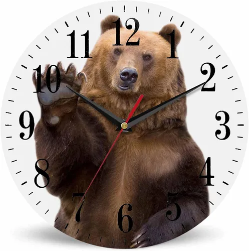 Mxocom Reloj de pared con diseño de oso con texto en inglés "The Brown Bear Welcomes and Waves a Paw de 10 pulgadas, silencioso, sin tictac,