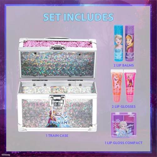Miniatura 2 de Conjunto de maletín mini tren de belleza de Frozen de Disney incluye tubo de brillo labial, bálsamo labial, brillo labial compacto para niñas