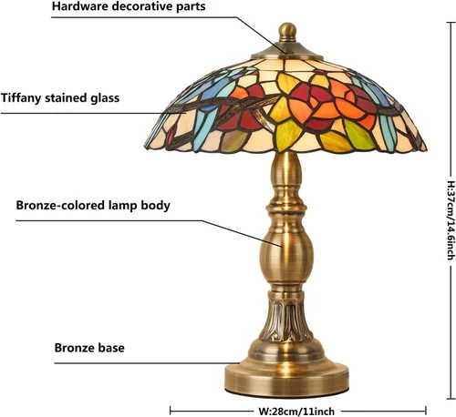 Miniatura 5 de Lámpara de mesa estilo Tiffany, lámpara de mesa de vidrio manchado, lámpara de decoración antigua artesanal para mesita de noche, dormitorio, sala