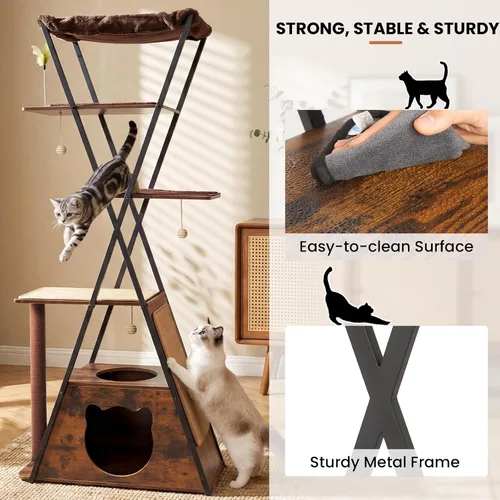 Miniatura 9 de Árbol moderno de madera para gatos grandes de 71 pulgadas, torre alta y resistente para gatos de interior, muebles para gatos de varios niveles