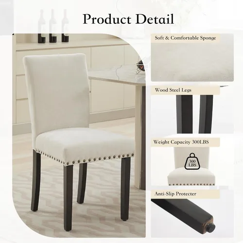 Miniatura 3 de Garvee Juego de 2 sillas de comedor Parson tapizadas de tela con ribete de cabeza de clavo/asiento acolchado, silla Parson moderna y elegante