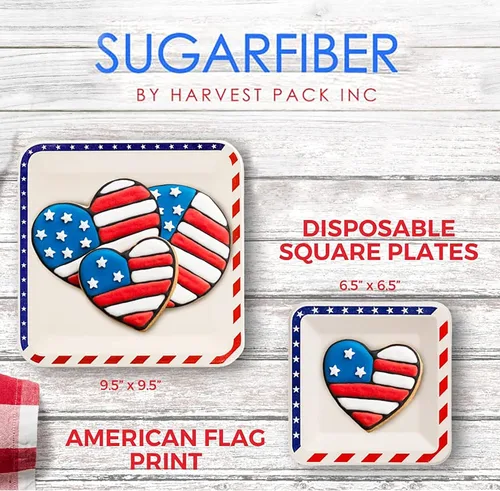 Miniatura 7 de Paquete de cosecha de 6.5 pulgadas, platos cuadrados desechables compostables con bandera americana, sin PFAS, para fiesta patriótica, 4 de julio