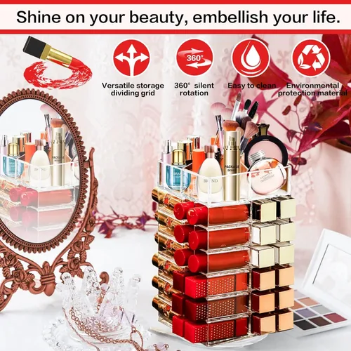 Miniatura 2 de soporte para pintalabios acrílico, organizador de cosméticos de 360 grados con 53 ranuras, soporte de exhibición de almacenamiento de brillo labial