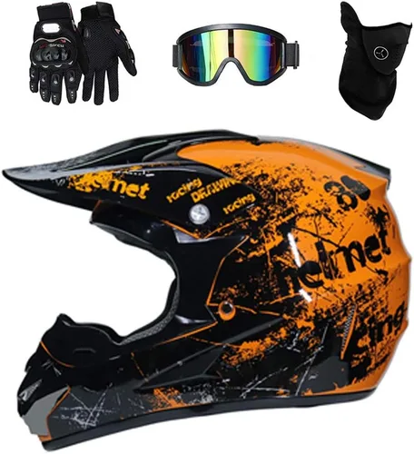 Casco de Motocicleta Dirt Bike Todoterreno Motocross ATV para Hombres y Mujeres, Casco de Competición Profesional Certificado DOT (Naranja, Mediano)