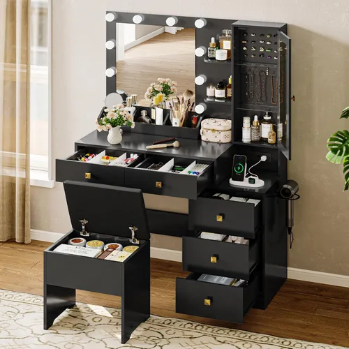 Miniatura 4 de Escritorio de tocador con espejo y luces, tocador de maquillaje negro con 5 cajones, organizador de joyas oculto y gabinete de cristal LED, 3 modos