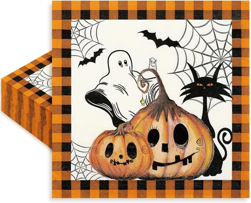 AnyDesign Paquete de 80 servilletas de papel de Halloween de 6.5 pulgadas, servilletas de cena de calabaza naranja y negro a cuadros desechables