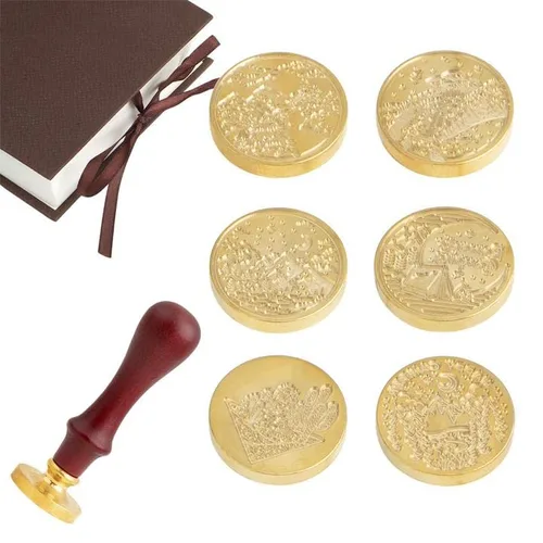 Miniatura 16 de Juego de sellos de cera de cobre, 6 sellos de cera, 1 mango de madera, kit de sellos de cera de sellado clásico, frases de felicitación