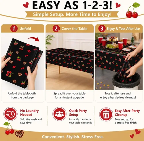Miniatura 5 de 3 manteles de plástico desechables de 54 x 108 pulgadas, estampado de leopardo rojo y negro con labios rojos, manteles impermeables para cumpleaños