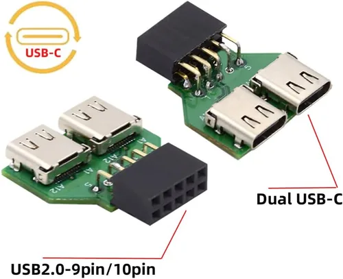 Miniatura 4 de Puertos duales USB 3.1 tipo C USB-C hembra a USB 2.0 placa madre 9pin 10pin adaptador de cabecera PCBA 480Mbps
