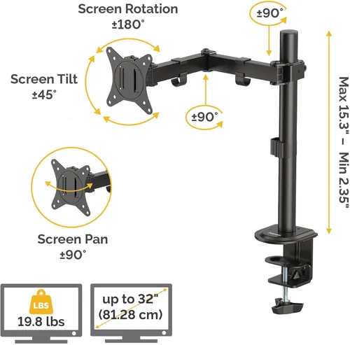 Miniatura 3 de Fellowes Brazo de monitor único ajustable para todos los días: soporta pantallas de hasta 32" con un peso de 19.84 libras, inclinación, giro, giro