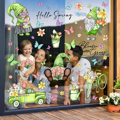 Miniatura 4 de Whaline 106 calcomanías de PVC reutilizables para ventana de primavera, acuarela, gnomo, mariposa, flores, calcomanías de PVC reutilizables