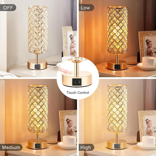 Miniatura 2 de Lámpara de mesa de cristal, lámpara dorada para dormitorio con puertos de carga USB-C y USB-A, luz regulable de 3 vías con pantalla de cristal