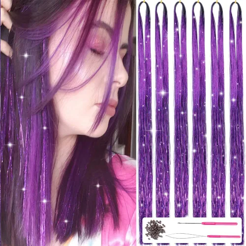 Miniatura 10 de Kit de oropel para el cabello con herramientas de 47 pulgadas, 1200 hebras de extensiones de cabello de oropel con purpurina, kit de mechones