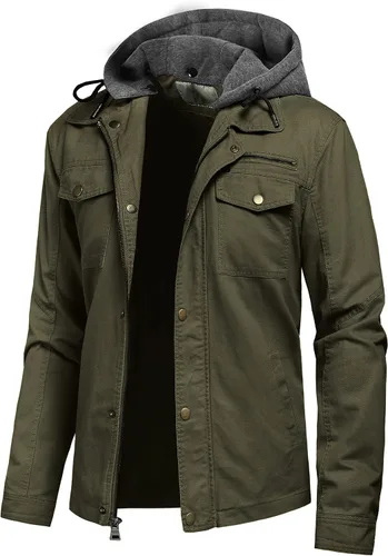 Miniatura 15 de Pursky Chaqueta de lona de algodón militar casual para hombre con capucha desmontable