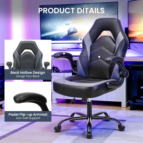 Miniatura 4 de Silla ergonómica de escritorio para juegos, silla giratoria ajustable de piel sintética con reposabrazos abatibles para oficina en casa