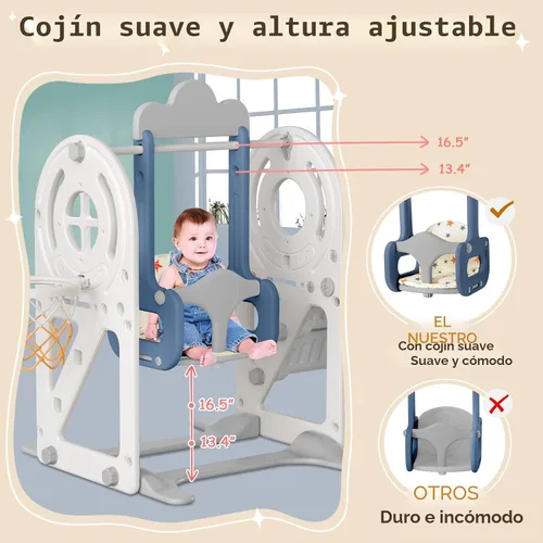 Miniatura 5 de BIERUM Tobogán para niños pequeños de 1 a 3 años con aro de baloncesto y columpio, tobogán de bebé para niños, regalo ideal, parque