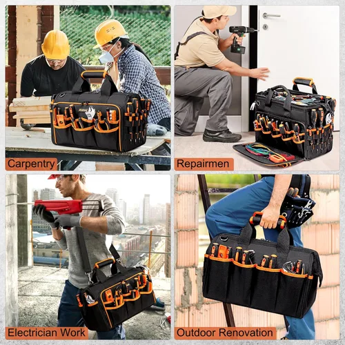 Miniatura 8 de Bolsa de herramientas de 17 pulgadas para electricistas para hombres, bolsa de herramientas resistente de 46 bolsillos, bolsa de herramientas HVAC