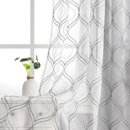 Miniatura 27 de VISIONTEX Cortinas traslúcidas blancas de 63 pulgadas de largo, juego de 2 paneles de bordado marroquí con puntos beige, tela de gasa bordada