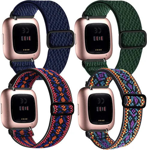 Miniatura 7 de Paquete de 4 bandas elásticas compatibles con pulseras Fitbit Versa y Versa 2, correas de repuesto elásticas ajustables de nailon suave para mujeres