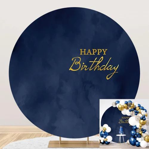 Fondo Redondo de Poliéster de 6.5x6.5 pies Azul Marino Feliz Cumpleaños Cubierta de Fondo Azul Marino Textura de Mármol Fondo de Cumpleaños para