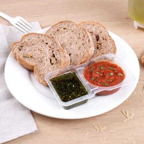 Miniatura 7 de Futura - Recipientes para aperitivos de 5 onzas, 100 recipientes para salsa para microondas, 2 compartimentos, tapa con bisagras, vasos de plástico