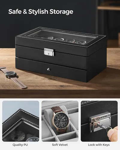 Miniatura 88 de SONGMICS UJWB012 - Caja de reloj de 12 ranuras, caja de reloj con cerradura con tapa de vidrio, 2 capas, con 1 cajón para anillos, pulseras, idea