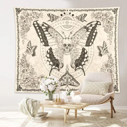 ZYLLGLOW Tapiz bohemio de calavera, mariposa, hongo, polilla, decoración de pared, estético para colgar en la pared para dormitorio, tapiz gótico al