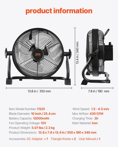 Miniatura 7 de VEVOR Ventilador de piso recargable de 10 pulgadas operado por batería para camping, ventilador portátil de alta velocidad para exteriores con marco