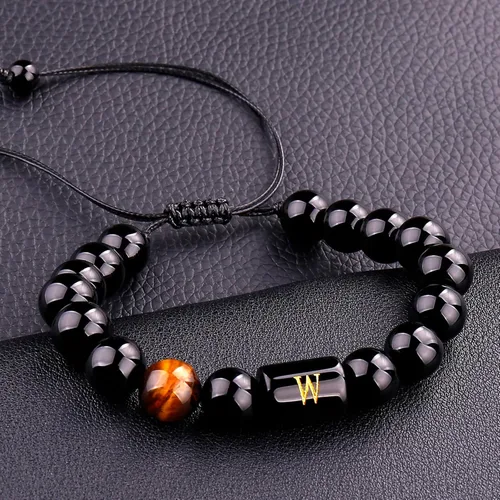 Miniatura 114 de SUMMER LOVE Regalos para el Día del Padre, pulsera con inicial de piedra de ónix negro de 0.394 pulgadas para hombres, pulsera de cuerda trenzada
