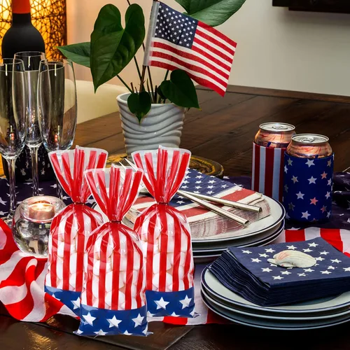 Miniatura 4 de Whaline 150 bolsas patrióticas de celofán para el 4 de julio, estrellas y rayas, bolsas de celofán con lazos torcidos, bolsa de dulces de bandera