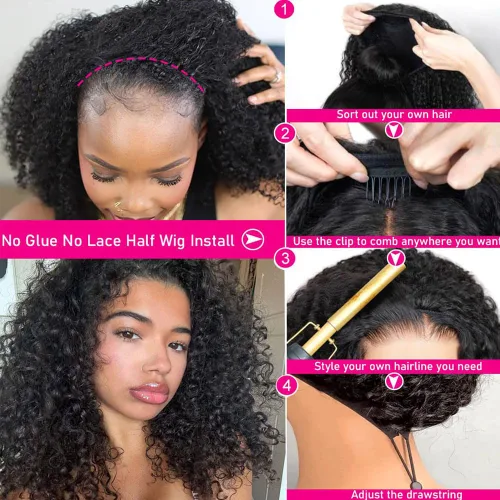 Miniatura 2 de Media peluca de cabello humano de densidad del 200 %, sin pegamento, peluca para usar y llevar, con cuerda ajustable, sin costuras, con línea