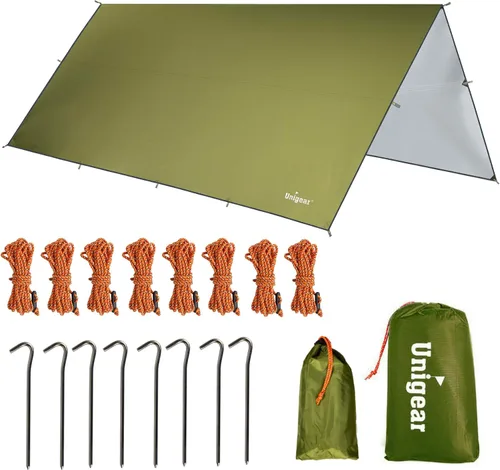 Miniatura 12 de Unigear Toldo para Hamaca contra Lluvia, Lona de Campamento de 16.5/14.4/13.1/9.8 pies, Protección UV e Impermeable y Ligera para Campamento, Marrón