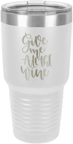 Miniatura 21 de Taza de viaje de acero con recubrimiento de polvo grabado con láser, con grabado «GIVE ME ALL THE WINE» y grabado en polvo de 30 oz, libre de BPA