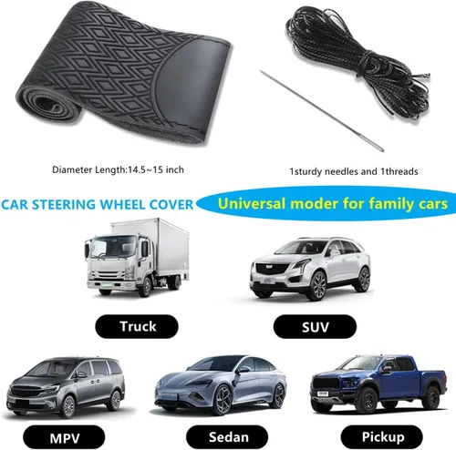 Miniatura 2 de Funda de volante de cuero negro, envoltura con costura, funda de volante de vaca transpirable para coche, tamaño estándar de 15 pulgadas (Tipo A)