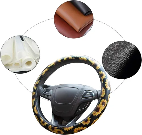 Miniatura 2 de Funda de cuero para volante de automóvil, protector antideslizante para volante para mujeres, niñas y damas, universal de 15 pulgadas, color negro