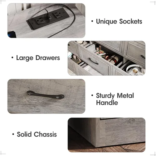 Miniatura 5 de Fameill - Cómoda para dormitorio, organizador de 9 cajones con estación de carga, cómoda alta para pasillo, cómoda de madera con tiradores de metal