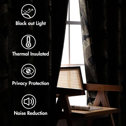 Miniatura 5 de MIULEE Cortinas opacas de terciopelo negro de 84 pulgadas de largo, juego de 2 paneles de cortinas estampadas con estampado de hojas doradas